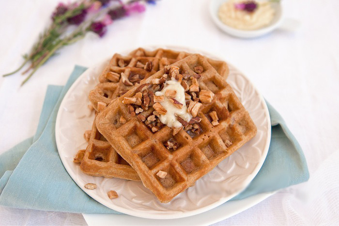 Whole Wheat Apple Pecan Buttermilk Waffles With Lavender Honey Butter. 