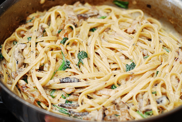 Creamy Mushroom Pasta With Caramelized Onions And Spinach