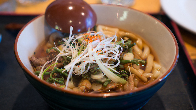 pork udon soup with wild vegetables by frodnesor on Flickr.