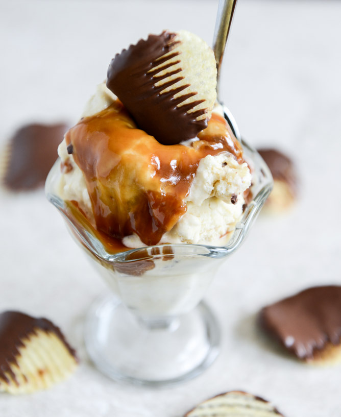 Sweet Corn Ice Cream with a Salted Caramel Swirl + Chocolate Covered Potato Chips.