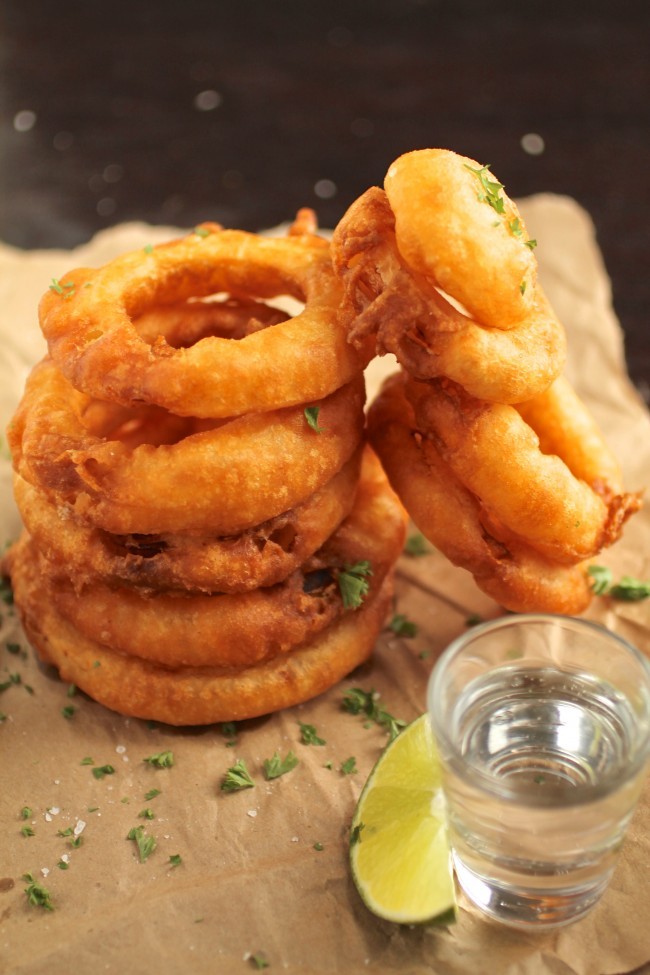 Tequila Battered Onion Rings with Honey Lime Yogurt Sauce