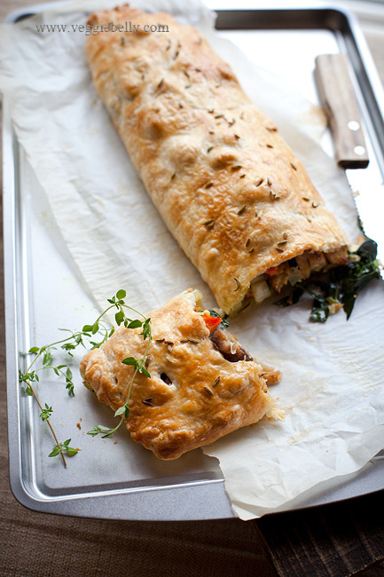 Thanksgiving Vegetarian Wellington with Fennel Braised Seitan, Thyme Roasted Mushrooms and Kale