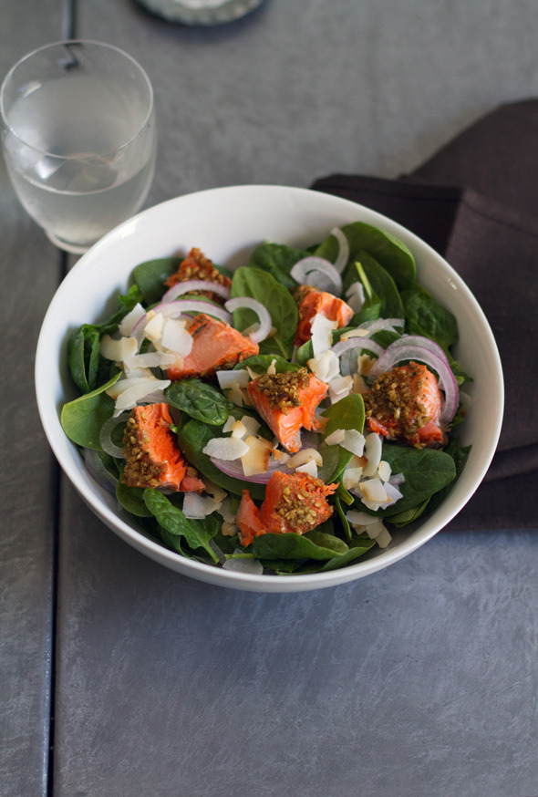 Spinach salad with spiced walnut salmon and cilantro mint dressing