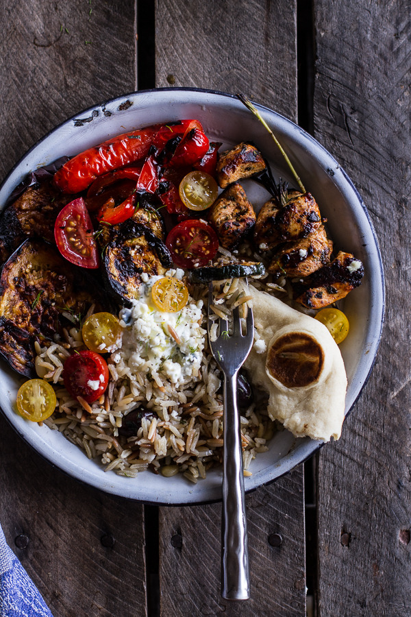 Greek Chicken Souvlaki and Rice Pilaf Plates with Marinated Veggies and Feta Tzatziki