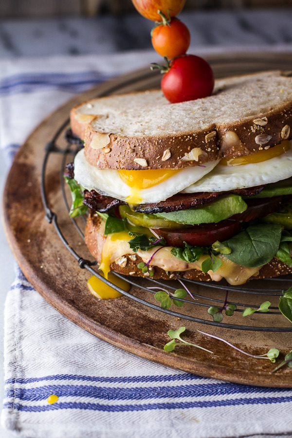 Bourbon Caramelized Bacon and Heirloom Tomato BLT with Fried Eggs and Smoked Gouda