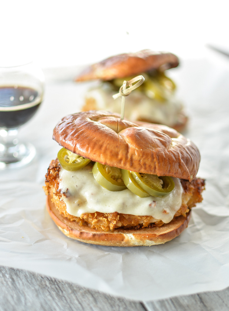 Oven-Fried Chicken Sandwiches With Beer-Pickled Jalapenos & Spicy Honey Mustard