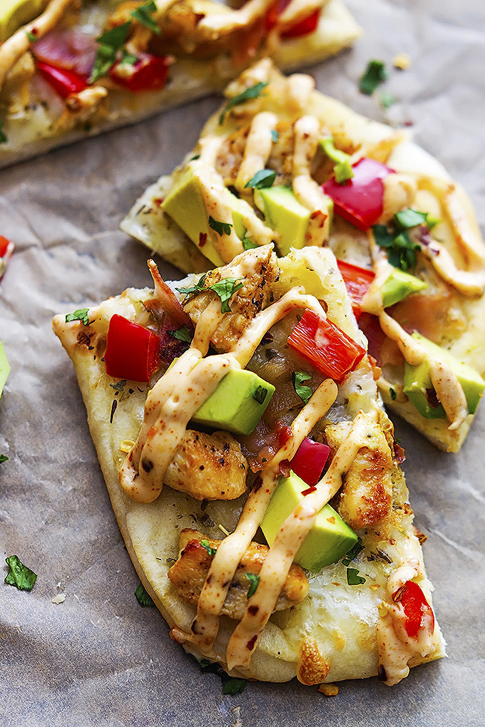 california chicken flat bread with chipotle ranch sauce
