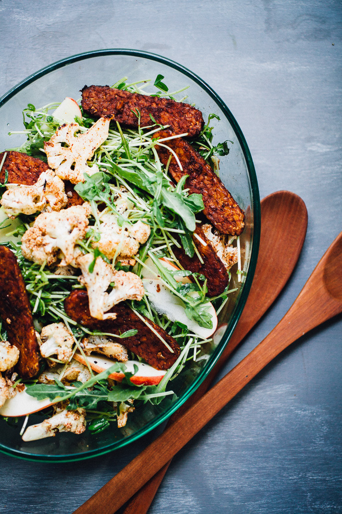 Cinnamon Roasted Cauliflower and Tempeh Bacon Salad with Sprouts & Apple Will Frolic for Food