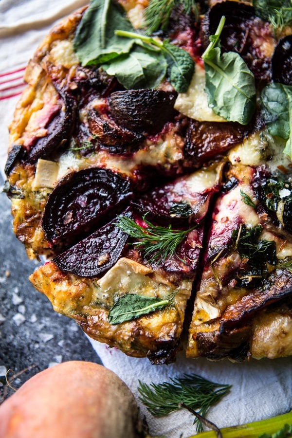 Roasted beet, baby kale and brie quiche
