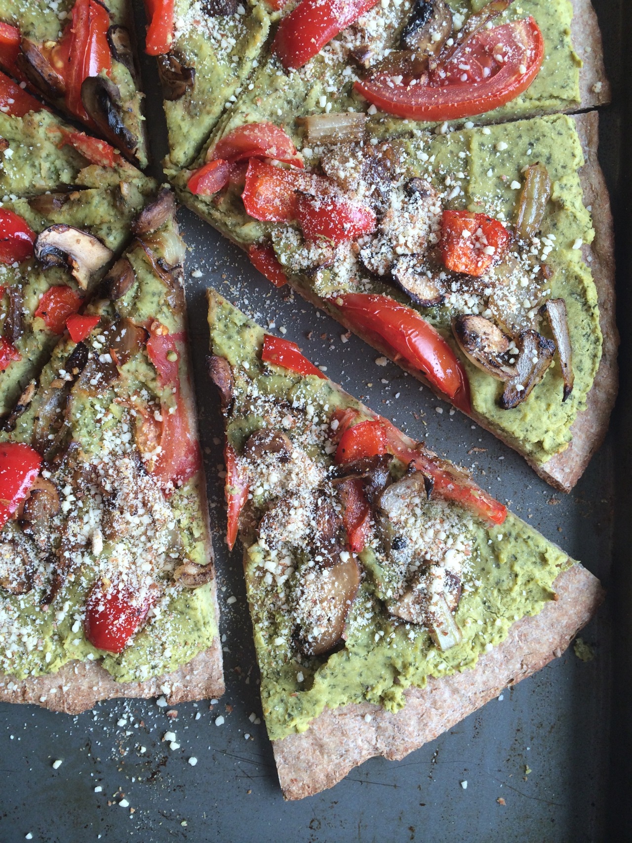 (via Basil Hummus Pizza with Sauteed Veggies and Almond Parmesan Cheese The Conscientious Eater)