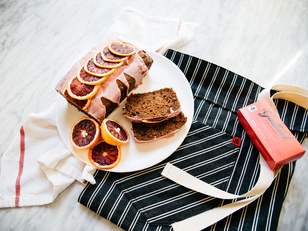  DOUBLE CHOCOLATE QUICK BREAD LOAF WITH BLOOD ORANGE GLAZE